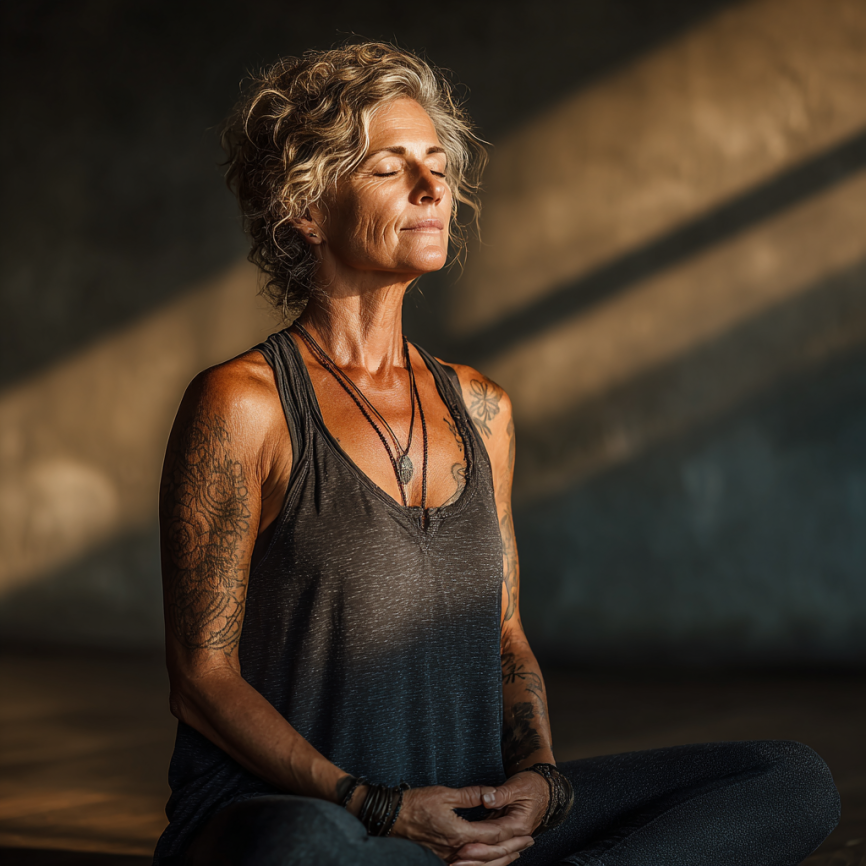 Мудра жінка практикує йогу на свіжому повітрі