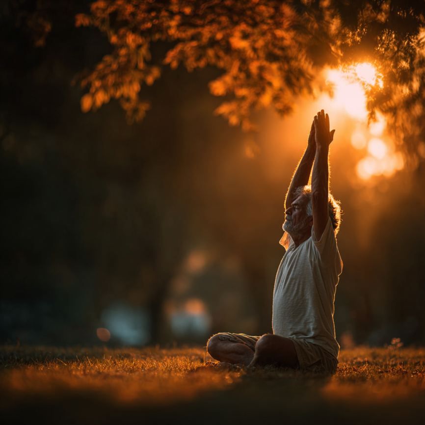 Група літніх людей практикує йогу в парку
